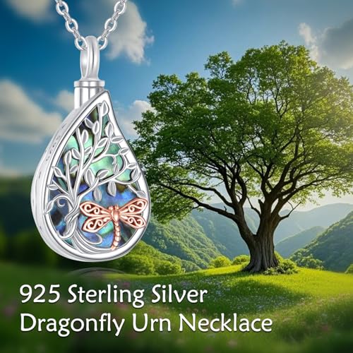URONE Urn Necklaces for Ashes 925 Sterling Silver Abalone Shell Tree of Life Cremation Jewelry for Ashes Memory Jewelry for Women Men - style: tree-dragonfly