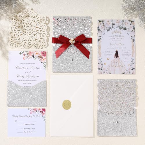25Pcs Silver Glitter Laser Cut Invitations with RSVP Cards and Envelopes - color: Glitter Silver