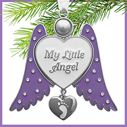 Baby Angel Christmas Ornament, Jeweled with Hanging Footprint Heart Charm, My Little Angel Memorial Ornament, Purple Wing Angel Keepsake for Baby Loss, Pregnancy Loss, Infant Remembrance, 2.5"