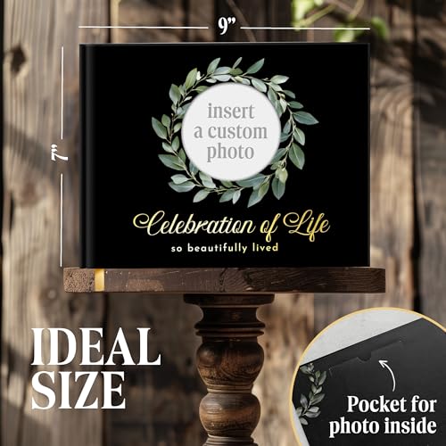 Premium Quality Gold Stamping Matt Hard Cover Funeral Guest Book, Celebration of Life Guest Book 96 Pages 120GSM Quality Paper W/Photo Cut Out, Table Sign and Elegant Black Pen Included