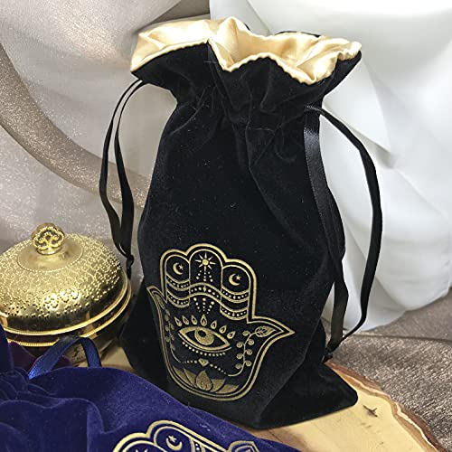 ARTSY CRAFTS 6x9" Hamsa Hand Velvet Jewelry Pouch Gift Bags, Fatima Hand Evil Eye Velvet Drawstring Oracle Tarot Card Rune bags Dice Bag (Smoky Black) - color: Smoky Black