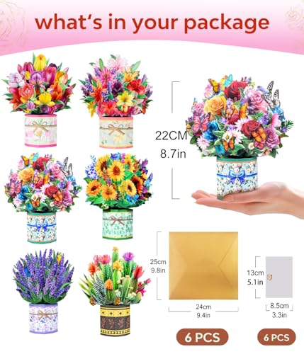 Pop Up Flower Bouquet Card Set for Women โ 6 Unique 3D Floral Designs with Envelopes & Separate Blank Note Cards, Forever Rose, Sunflower, Tulip Gift for Mother's Day, Get Well, Birthday, All Occasions - style: Tulip, Sunflower, Roses, Lily, Lavender, Suc