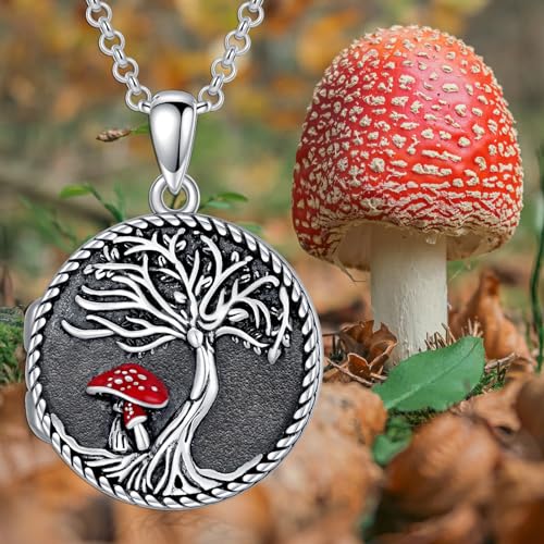Round Locket Necklace 925 Sterling Silver Filigree/Flower Locket Necklace That Holds Pictures Birthday Christmas Jewelry Gifts for Women - color: 08-Tree of Life Mushroom Locket