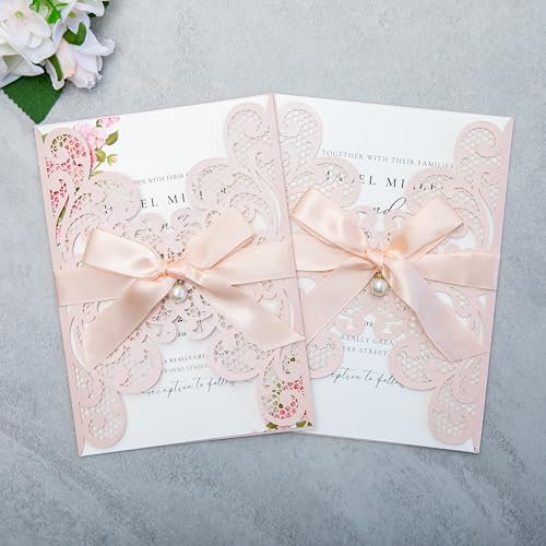20Pcs Blush Pink Laser Cut Wedding Invitation Cards With Envelopes - color: Blush Pink