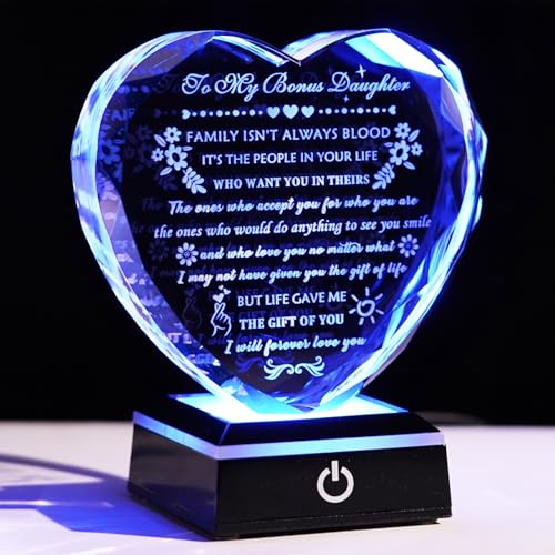 YWHL Bonus Daughter Gifts from Mom Dad Birthday Gifts for Bonus Daughter | Heart Shaped Crystal Keepsake with Colorful Base To My Bonus Daughter Stepdaughter Gifts on Christmas Graduation Valentine's - color: Bonus Daughter Gifts