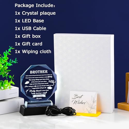 Gifts for Brother with Colorful Base Brother Gifts from Sister Crystal Brother Plaque Keepsakes for Adult, Birthday, Fathers Day, Christmas, Valentine Day - style: 12BJ Brother+ Light Base
