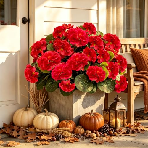 8 Bundles Artificial Geraniums, UV Resistant, Red - color: Red