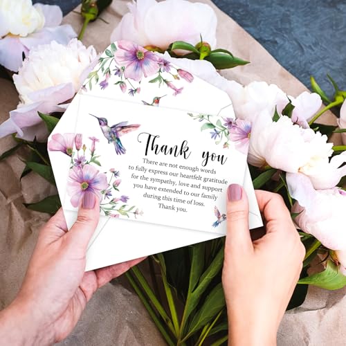 FYSUIMU 50Pcs Funeral Thank You Cards Boxed Purple Floral Hummingbird Sympathy Card with Envelope Sticker Bereavement Cards for Memorial Service Loved Ones Celebration of Life - style: Hummingbird