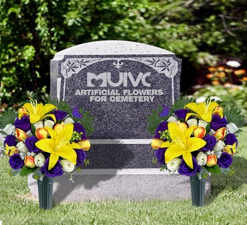 MUVIC Artificial Cemetery Flowers - Memorial Flowers - Outdoor Sympathy Grave Flower Decorations for Mothers Day,Fathers Day,Lily/Rose