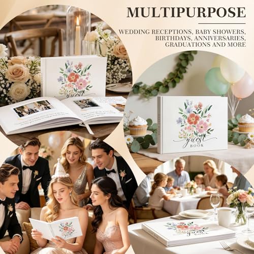 EVERLORIA Wedding Guest Book, Leather Guest Sign in Book, 108 Blank Pages Signature Guestbook for Wedding Reception Bridal Baby Shower Anniversary Quinceanera Birthday Graduation, 9"x7" - color: Floral A