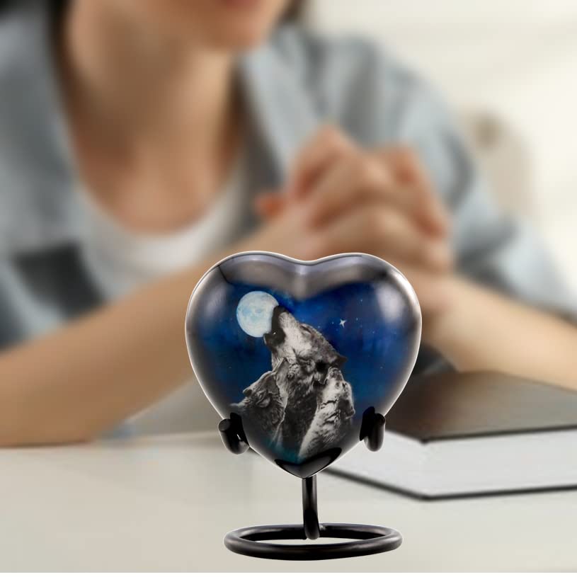 Midnight Wolves Heart Keepsake Urn – Wolf Mini Cremation Urn for Ashes – Three Wolves Howling at The Moon Memorial Heart Urn with Display Stand, Funnel & Velvet Bag (HeartKeepsake) - size: Heart