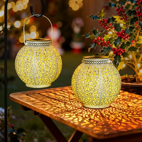TAKE ME 2 Packs White Solar Lanterns Outdoor Waterproof Garden Laterns Metal Retro Lights for Mothers Gifts Mom Wife Grandma Birthday Gifts (White Set of 2) - color: White