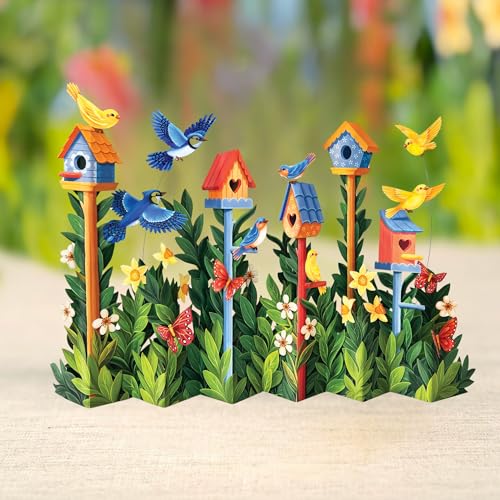Freshcut Paper Pop Up Cards, Mini Birdhouse Garden, 9 Inch Life Sized Forever Flower Bouquet 3D Popup Greeting Card, Birthday Cards, Thank You Card, Blank Notecard & Envelope - color: Birdhouse Garden, size: Mini