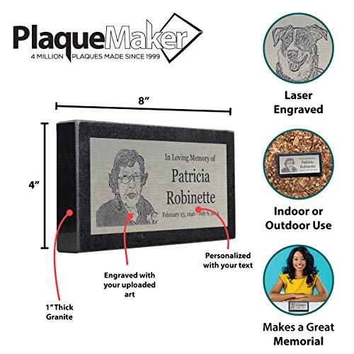 PlaqueMaker Stainless Steel and Granite Memorial Headstone - Markers for Lost Family Members, Infants, Loved Ones, Friends, Dogs, Cats, and Other Family Pets. (8 x 4 x 1) - size: 8 x 4 x 1"