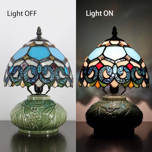 Small Tiffany Lamp Mushroom Table Lamp, Mini Stained Glass Desk Light Memory Sympathy Ceramic lamp 8X11 Inch (Sapphire Style)