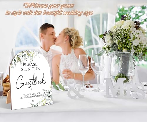 Greenery Please Sign Our Guestbook Sign, Wedding Ceremony Signs, 6 x 8 Inch Arch Wooden Tabletop Sign with Stand, Wedding Reception Decoration Supplies (PZ02) - color: Please Sign Our Guestbook