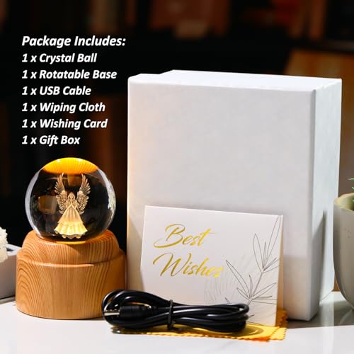 Guardian Angel Gifts 2.36in 3D Engraved Angel Crystal Ball with Rotatable Warm Light Wood Base, Guardian Angel Figurines Memorial Gifts for Women Mom Friends - color: Angel
