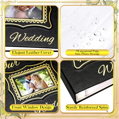 Dunzoom Memory Photo Album Holds 200 Pcs 4 x 6 Inch Leather Wedding Anniversary Family Photo Album with Front Window Double Heart Memory Scrapbook for Couple Gifts () - style: Black Our Wedding