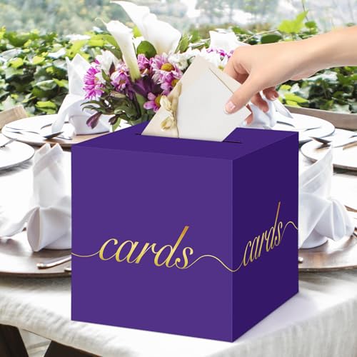 Purple Card Box Gold Foil Wedding Favors Gift Card Boxes Post Box Receiving Money Box Holder for Wedding Reception, Baby Showers, Anniversary, Birthday Party, Retirement, Graduation Envelope Holder - color: Purple and Gold