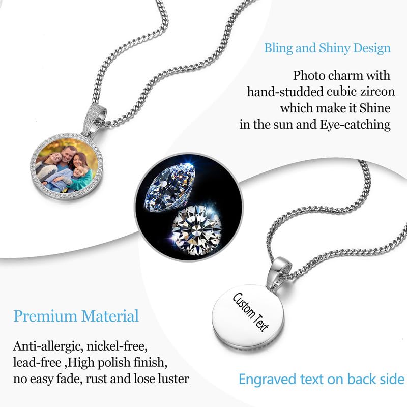 YIMERAIRE Customized Picture Necklace Personalized Circle Chain - color: 01 Circle Pendant Text(Silver)+Cuban Chain 0171