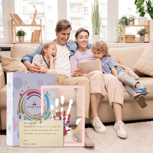 CHERRY CHEERS Family Handprint Kit, DIY Craft Keepsake Wooden Frame, Endless Gift Set, Non-Toxic Paints, Transparent Sheets (Pink) - color: Pink