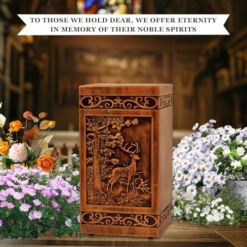Wooden Urn for Ashes Adult Male Female,Decorative Burial Funeral Memorial Urn, Burial Casket Keepsake with Velvet Bag (Brown, 10, Deer)