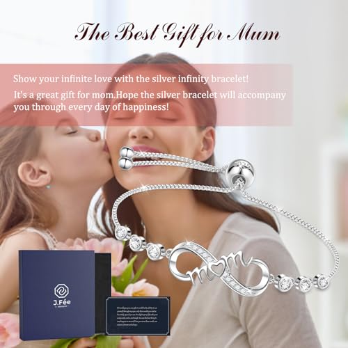 J.Fée Infinity Heart Bracelets for Women with 5A Cubic Zirconia, 925 Silver Bracelets for Women Adjustable Womens Bracelet Jewelry for Wife Girlfriend Her - color: Infinity Mom