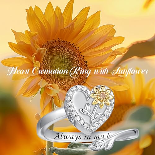 925 Sterling Silver Heart Urn Ring for Ashes for Women - Cremation Jewelry Keepsake Thumb Rings Adjustable with Rose/Sunflower Gift for Lost Of Love Ones Human Adult Pet - style: Heart-Sunflower