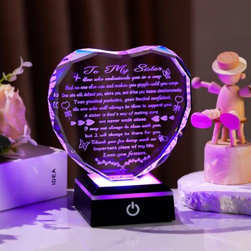 Arikyrist Sister Birthday Gifts from Sisters Brothers Crystal Heart Plaque | Adult Sister Gifts for Women, on Christmas Mothers Day Valentines Day, Sisters Keepsake, LED Light Base, Home Office - color: Sister