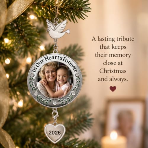 Memorial Christmas Photo Ornaments 2026, Set of 3 Remembrance Keepsakes, in Our Hearts Forever Sympathy Ornaments with Clear Gems, Floral Accents, Dove Hooks and Gift Bags, 3 Inch - size: 3 Pack