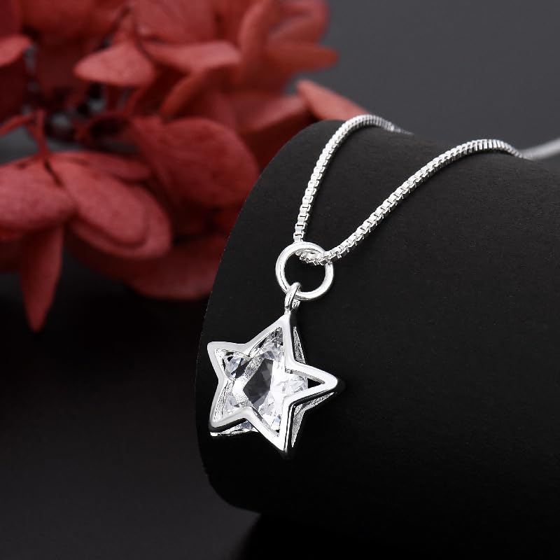 925 Sterling Silver Necklace for Women – Layered Stackable Choker Necklaces with Heart Photo Locket & Star - Pendant 18" Chain Gift for Wife, Mom, Girlfriend, Birthday, Anniversary, Valentine’s Day - color: Bright Stone Star