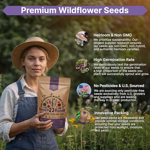 Organo Republic 23 Wildflower Seeds Annual & Perennial Mix for Indoor & Outdoors, Attract Birds & Butterflies 100,000+ Non-GMO, Heirloom Garden Seeds, 4oz Packet for Growing Wild Flowers