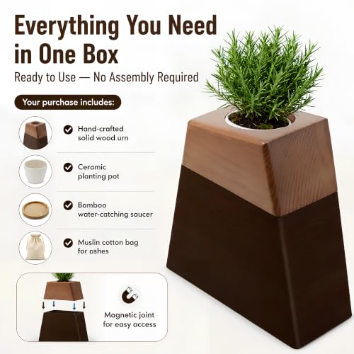 Plant Urn for Adult Memorial Keepsake, Solid Wood, Large Capacity, with Ceramic Pot, Bamboo Saucer, and Muslin Bag