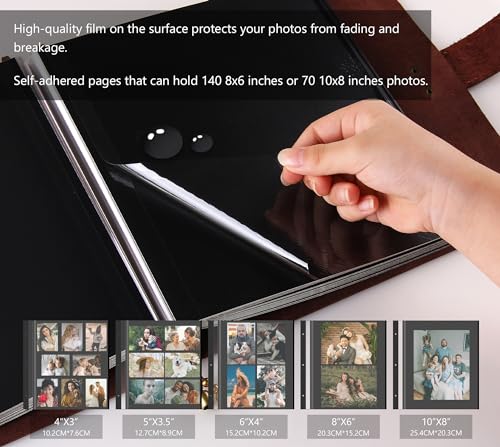 Leather photo Album Self Adhesive Pages, Handamde Leather Scrapbook Photo Album, Wedding Family Album, Holds 3x5, 4x6, 5x7, 6x8, 8x10 Photos - Coffee - color: Coffee, size: 13.58x13x1.3