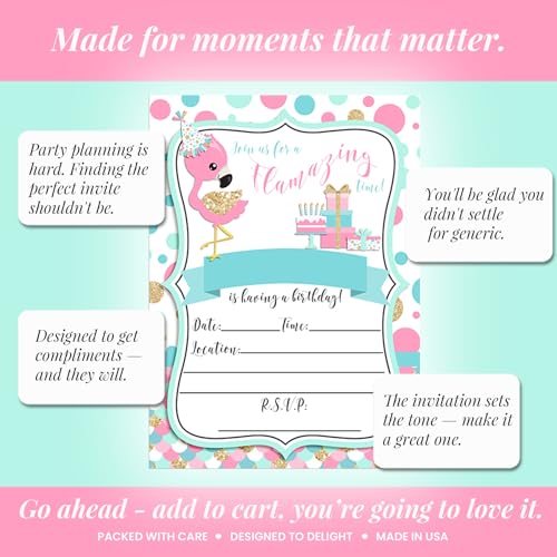 Flamazing Pink Aqua & Gold Glitter Polka Dot Flamingo Birthday Party Invitations for Girls, 20 5x7 Fill In Cards with Twenty White Envelopes by AmandaCreation - style: Flamazing Pink Aqua & Gold Glitte