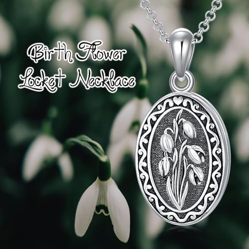 Birth Flower Photo Locket Necklace 925 Sterling Silver 12 Month Locket Necklace with Picture Birth Flower Photo Jewelry Gifts for Women Mother Mom Daughter - color: 01-January-Snowdrop, style: 1.no custom