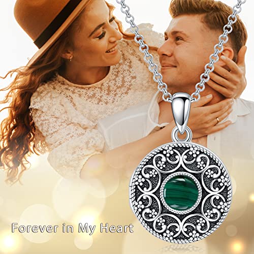 Round Locket Necklace 925 Sterling Silver Filigree/Flower Locket Necklace That Holds Pictures Birthday Christmas Jewelry Gifts for Women - color: 02-Malachite Locket