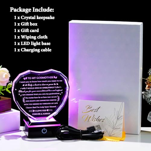 Arikyrist Godmother Gifts from Godchild with Colorful Light Base, Birthday Gift for Godmother Crystal Heart Keepsake, To My Godmothers Gifts from Goddaughter Godson on Mothers Day Christmas - style: Godmother Gifts + Light Base