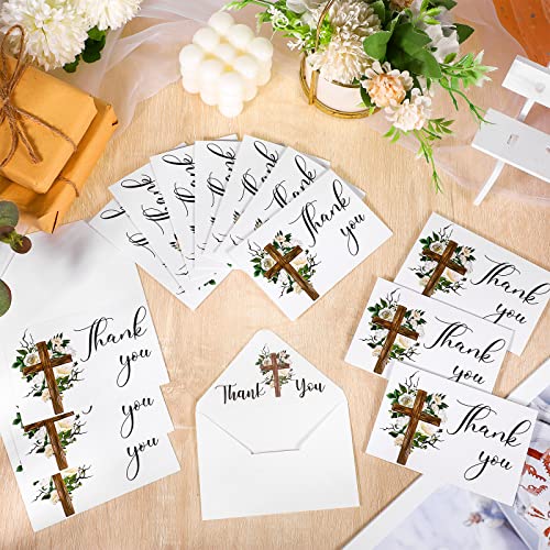 Spakon 50 Pack Funeral Thank You Cards with Envelopes and Stickers Bulk 4x6 Inch Sympathy Bereavement Thank You Cards with Message Floral Cross for Funeral Family, Celebration of Life(Cross)