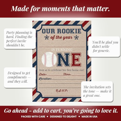 Rookie Of The Year Baseball Themed 1st Birthday Party Invitations for Boys, 20 5x7 Fill In Cards with Twenty White Envelopes by AmandaCreation - style: Rookie Of The Year Baseball