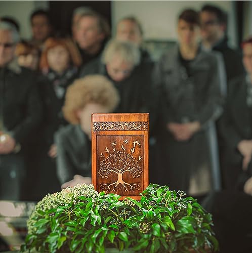 Wooden Cremation Urn for Human Ashes Adult Male Female 250 lbs, Engraved Tree of Life Decorative Funeral Urns Box and Casket for Ashes Men Women with Satin Bag Burial or Memorial(Tree of Life)