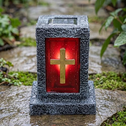 Solar Cross Light for Cemetery Grave, Waterproof Resin Stone Memorial Lamp