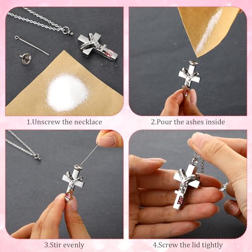 Huquary 16 Pcs Urn Necklace for Ashes Waterproof Stainless Steel Carved Ashes Locket with 8 Filling Kit Heart Cylinder Cross Cubic Fish Hook Jewelry for Ashes with Wing Diamond for Men Women - color: Pink
