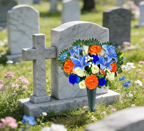 Artificial Cemetery Flowers for Grave Vase - Gravesite Flowers,Headstone Decorations with Blue Lily White Rose Mix Bouquet
