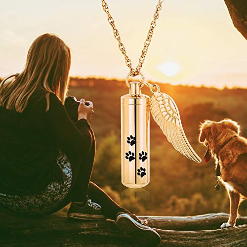 shajwo Cremation Jewelry Paw Print Urn Necklaces for Human Pet Ashes Cylinder Urn Pendant Keepsake Memorial Ash Locket Holder Necklace for Men Women - color: Gold