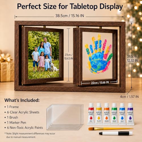 Family Handprint Frame Kit, Dual Rotating Photo & Handprint Display, DIY Keepsake Craft with Wooden Frame, Non-Toxic Paints, Baby Hand & Footprint Kit, Gift for Grandparents & New Parents (Brown) - color: Brown Frame, size: Dual Spin - Handprint & photo