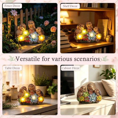 Hedgehog Solar Garden Statues with Succulent Animal Figurines - color: Brown-hedgehog03