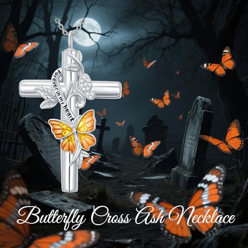 SOULMEET Enamel Butterfly Cross Urn Necklace for Ashes, Cross Moissanite Butterfly Ashes Necklaces with Forever in My Heart Engraved Keepsake Cremation Locket Jewelry for Women Men - color: B-Yellow, style: Non Custom