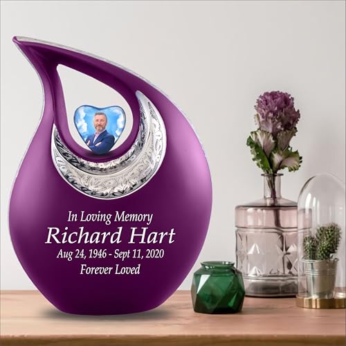Personalized Photo & Text Purple Teardrop Cremation Urns for Adult Ashes Male Female - 156 Lbs Burial Urns for Human Ashes - Handcrafted Funeral Decorative Urn for Adult with Velvet Bag - size: 156 Lbs Adult Urn