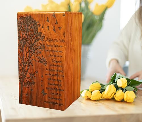 ZIYA Tree with Text Wood Urns for Human Ashes Adult Male, Decorative Men Urns, Large Funeral Urns for Women, Handcrafted Burial Female Cremation Urns for Large Adult Up to 250 lbs with Velvet Bag